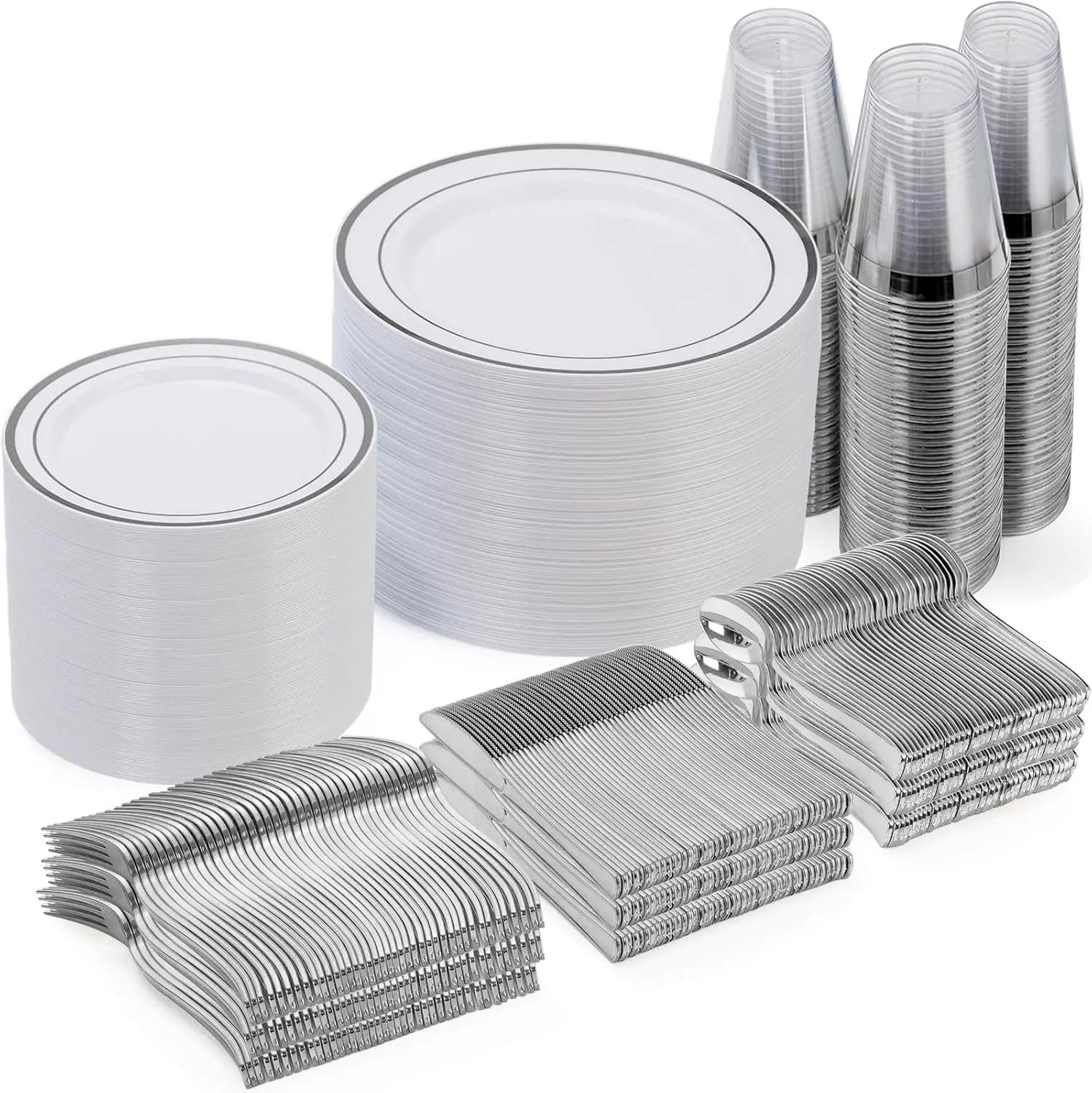 600 Piece Disposable Silver Plates for 100 Guests Plastic Dinnerware Set of 100 Dinner Plates Salad
