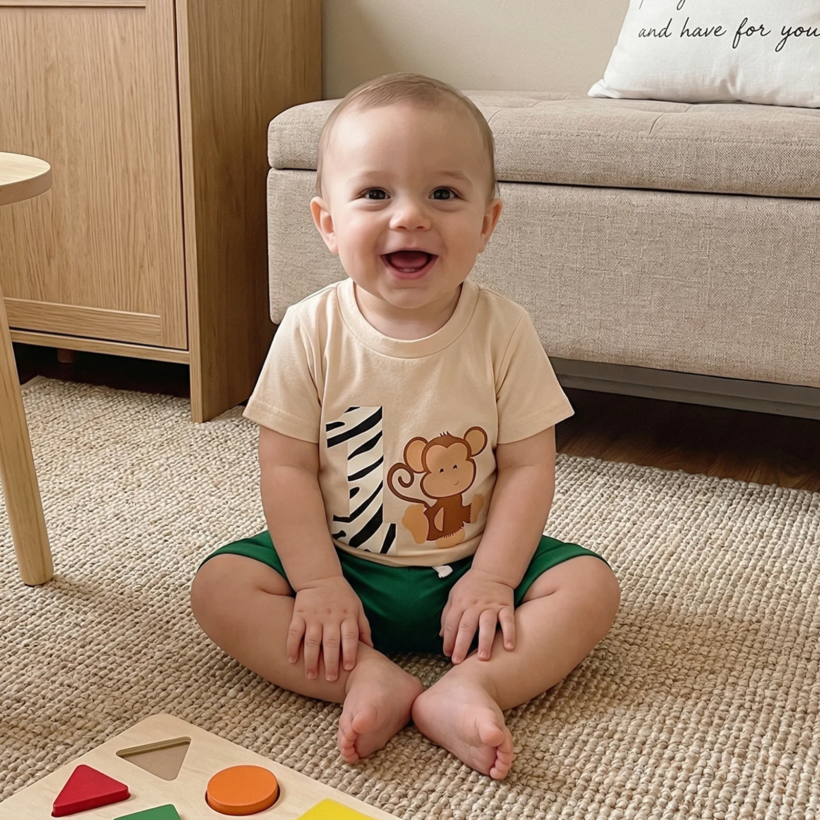  의류 소년 생일 반바지 세트 짧은 소매 기린 프린트 티셔츠 드로스트링 반바지 세트 의상