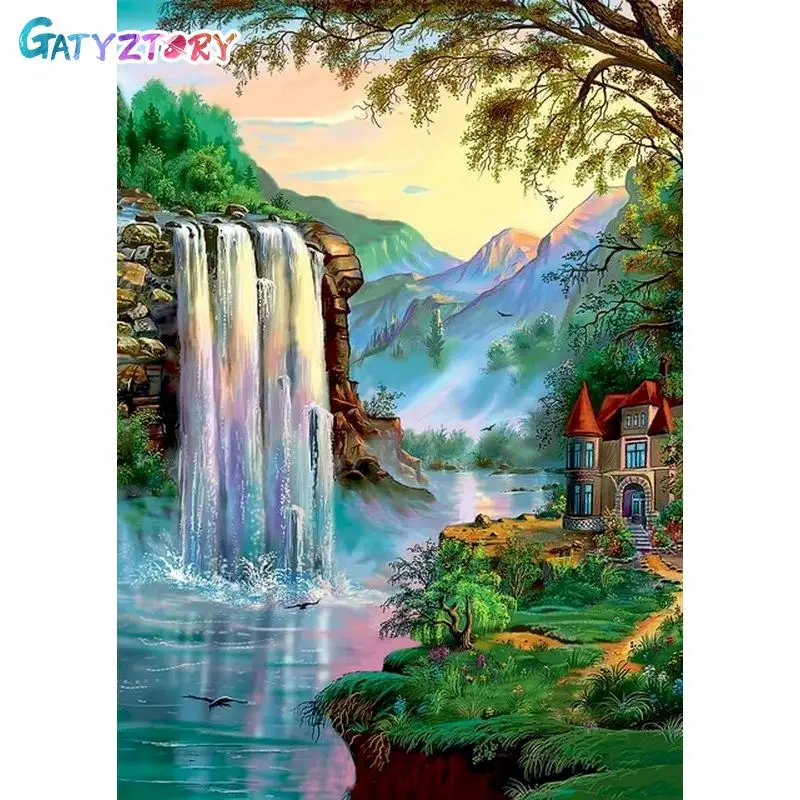 

GATYZTORY Frame Picture Painting By Numbers Kits Mountain Waterfall Drawing Coloring By Numbers 50x65cm For Home Decors Artwork