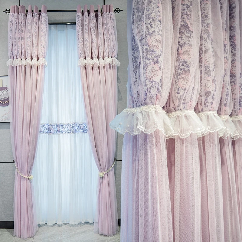 

New Korean Purple Princess Style Curtain Lace Modern Romantic Warm Gauze Curtains for Living Dining room Bedroom Custom
