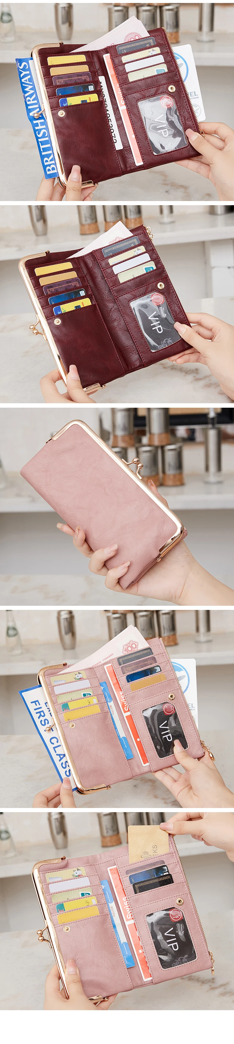 Vintage Kiss-Lock Lange Damen-Geldbörse Einfarbig Multifunktionale Reißverschluss-Geldbörse Minimalismus Doppelfalt Großraum-Handtasche – Detail 8
