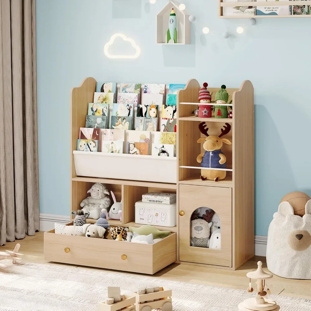 Kids Bookshelf, Toy Storage Organizer with 5 Storage Cubbies and Large Drawer, Bookcase Display Stand, Kids Bookshelf 2