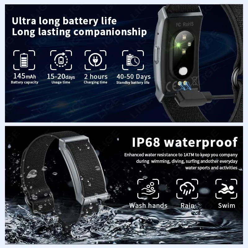 LIGE 새로운 스마트 팔찌 수면 모니터링 다중 스포츠 모드 145mAh 배터리 IP68 방수 다기능 스마트워치 (남성용)