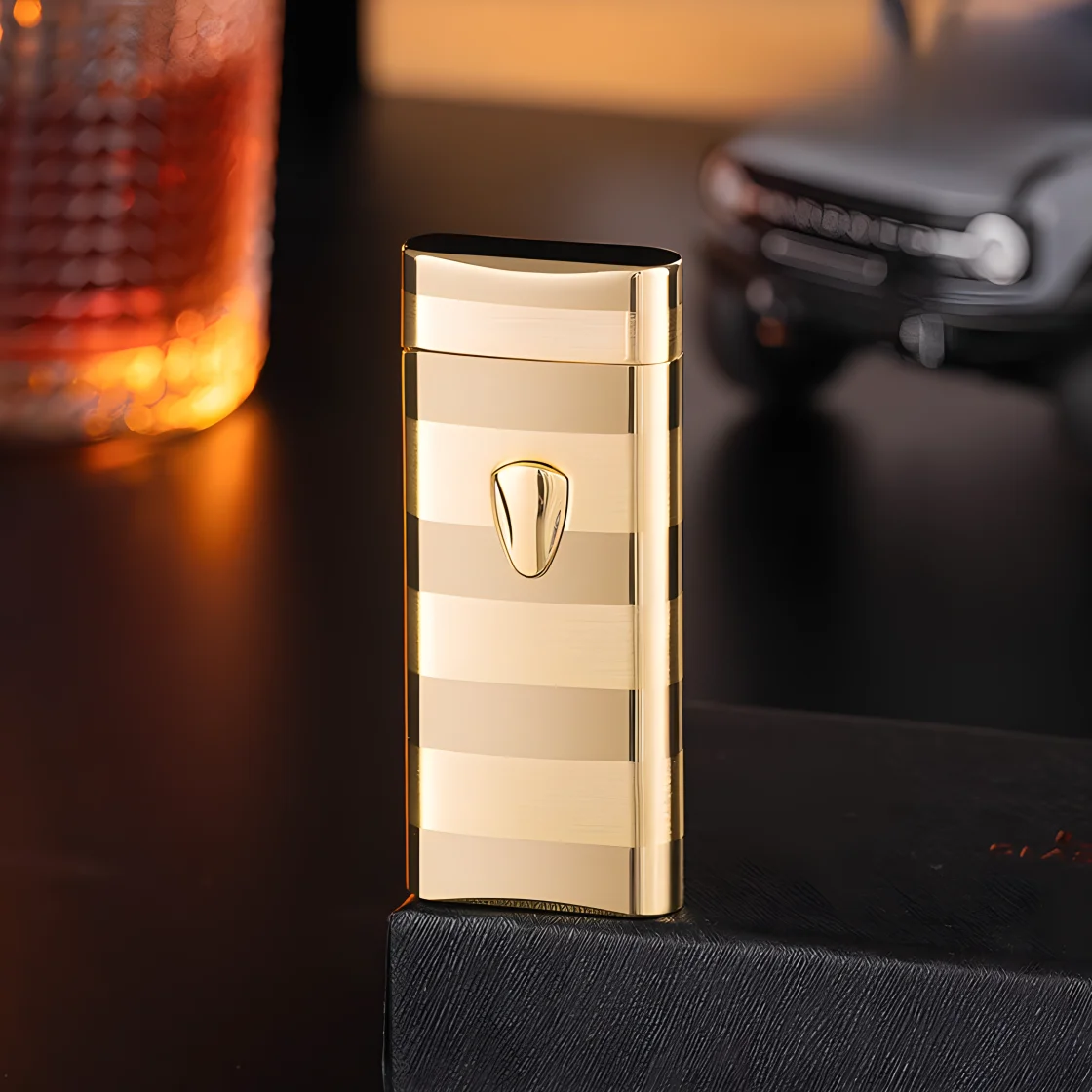 Gold Stripe Red Flame Tactile Electronic Gas Lighter