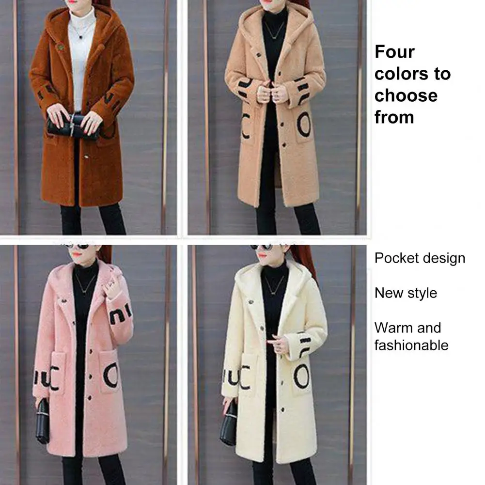 

Fluffy Cardigan Buttons Placket Imitation Lambswool Coat Pockets Lady Winter Thickened Double-sided Fleece Coat Windproof