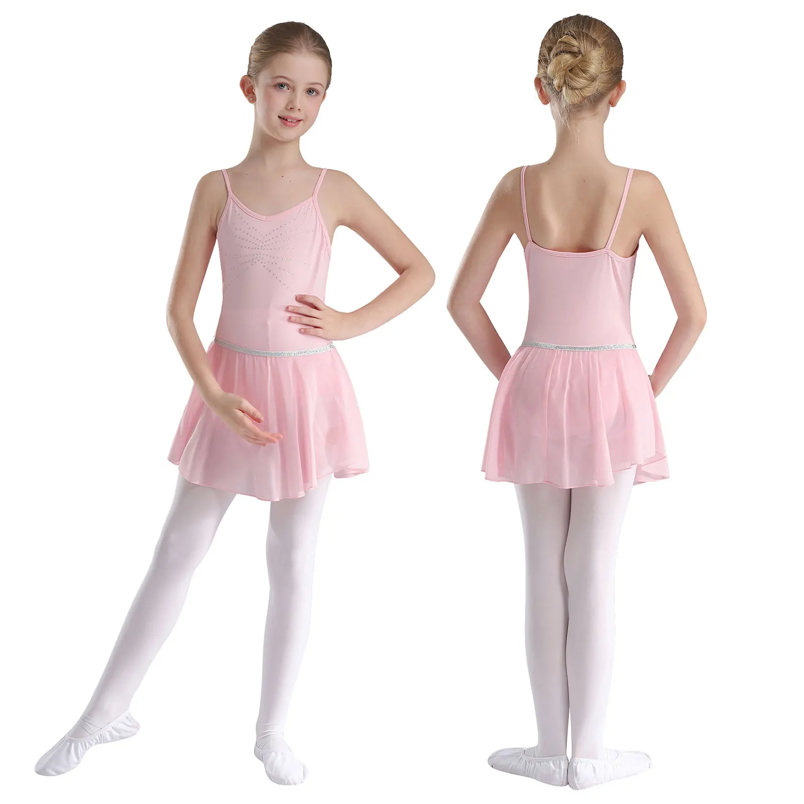 Tiaobug Kids Girls Ballet Dance Dresses Shiny Rhinestones V Neck Spaghetti Straps Leotard Dress for Dance Training Performance