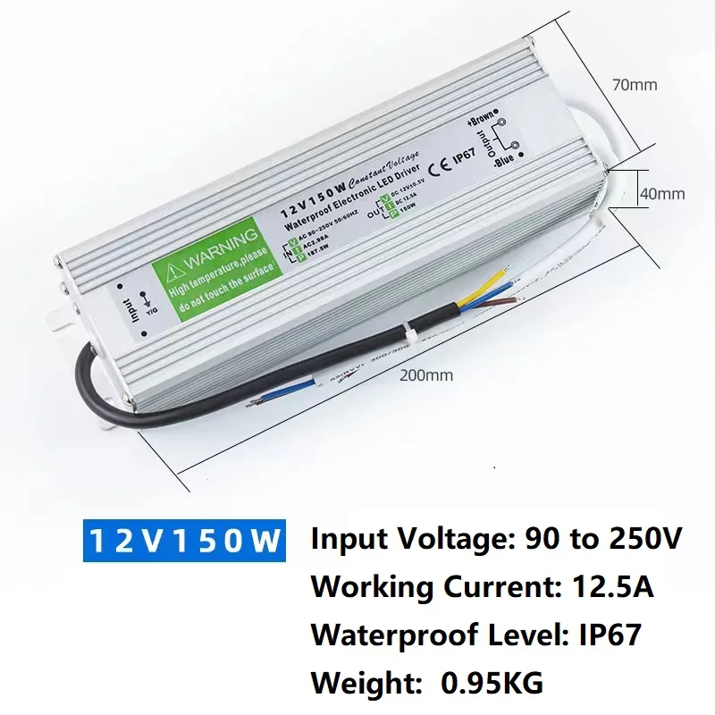 저전압 출력 LED 조명 LED 드라이버, IP67 방수 전원 공급 장치, 변압기 어댑터, 100V-260V AC에서 12V DC, 60W, 100W, 150W