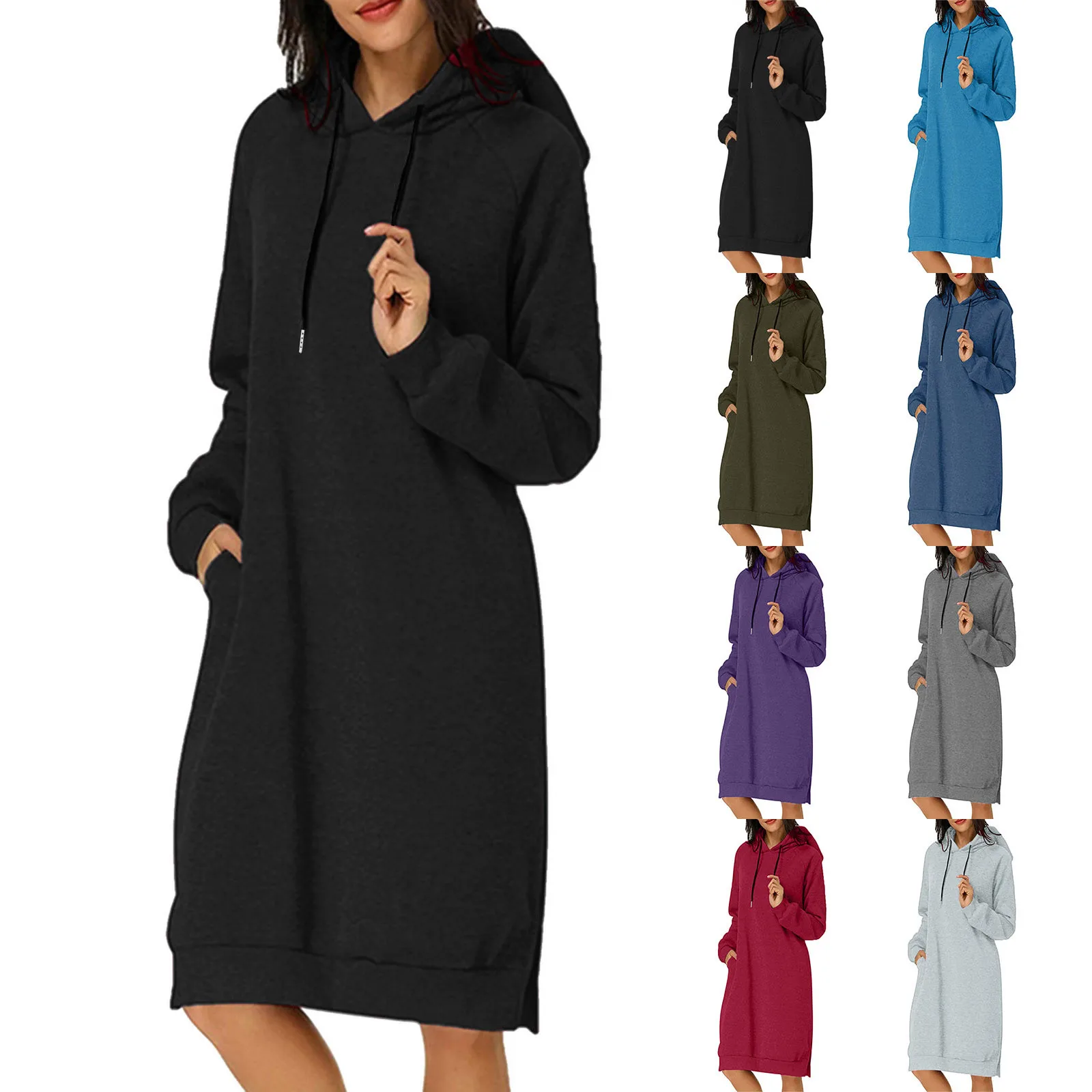 

Женское осенне-зимнее свободное однотонное длинное платье с капюшоном и карманами