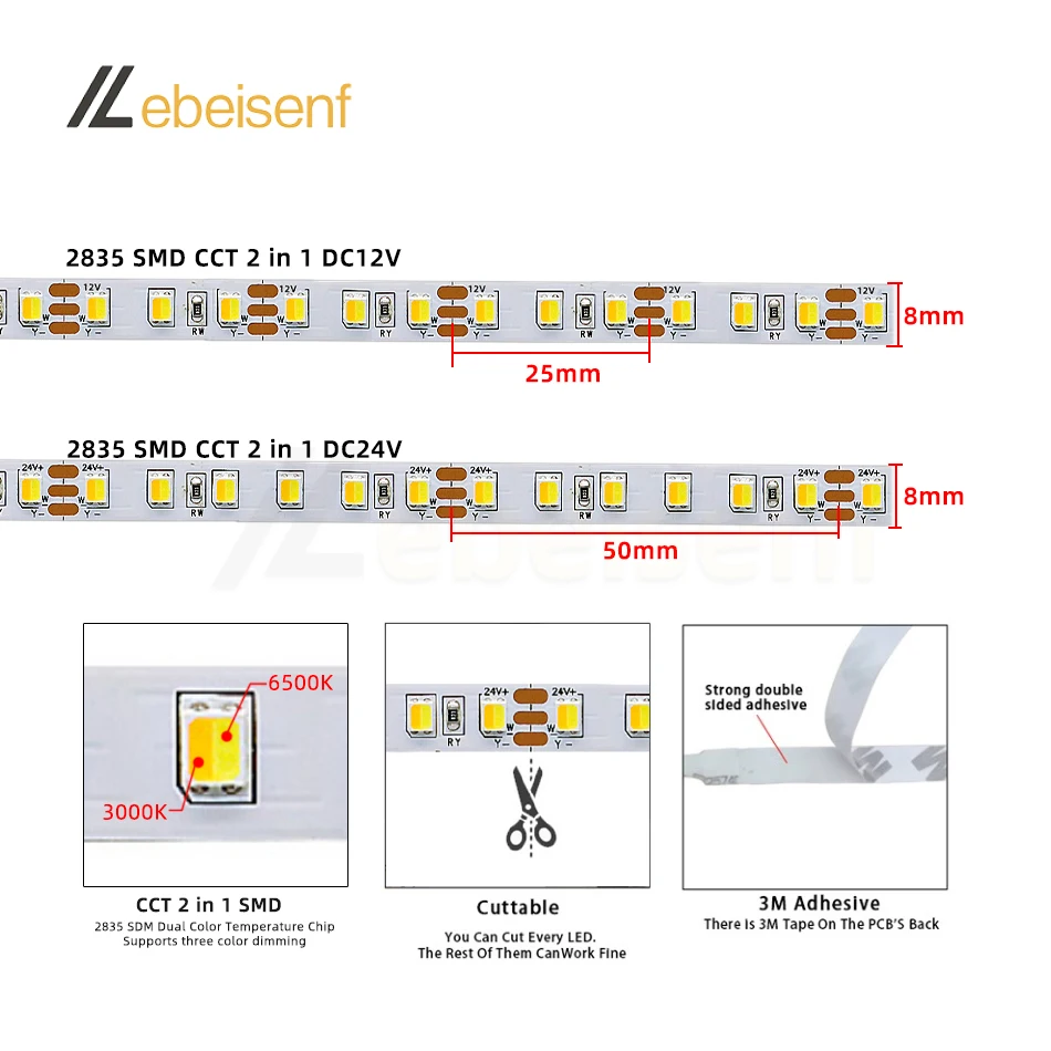 2 in 1 듀얼 컬러 2835 SMD CCT LED 스트립 12V 24V 120LED/M 비 방수 유연한 램프 바 5m/롤 6000K 4000K 3000K 따뜻한 흰색