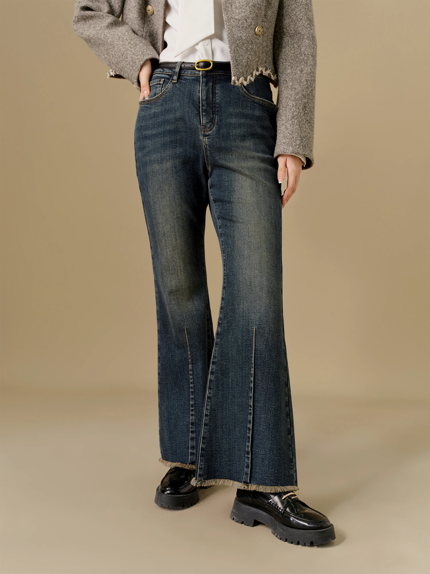 DUSHU Women Winter Lightfleece Jeans Thicken Cotton Elastic Tapered Jean Dark Denim Blue Female Casual Long Pants 24DS84215