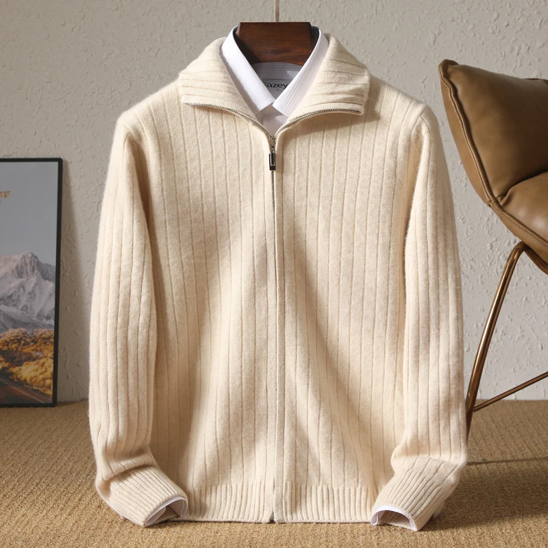 New Men's Thickened Zipper Cardigan 100% Wool Knit High Neck Wide Stripped Top Autumn and Winter Warm Coat Fashion Merino
