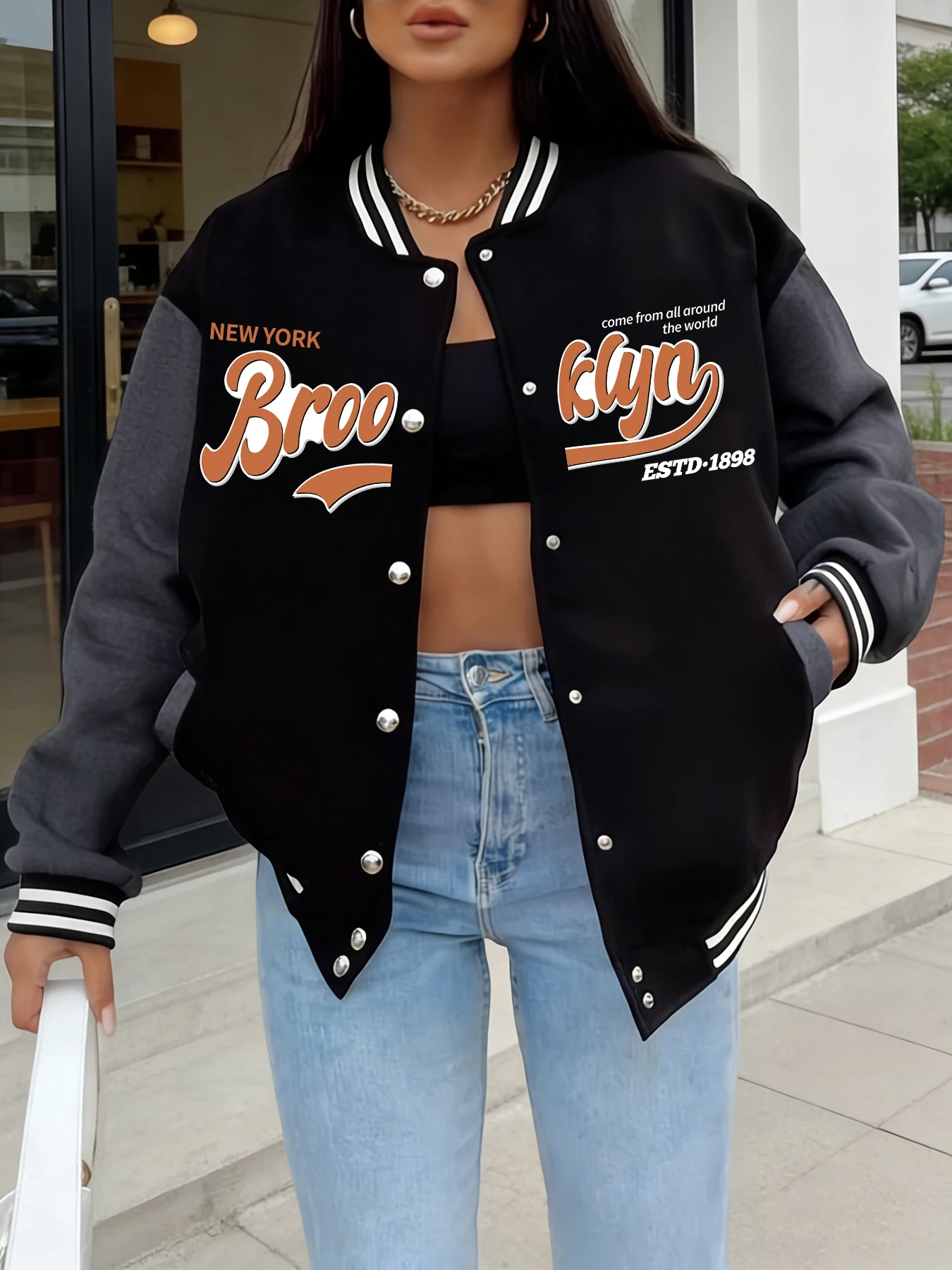 Kadın Büyük Boy Beyzbol Ceket New York Brooklyn ESTD 1898 Turuncu Mektup Baskı Rahat Varsity Ceket Moda Trendy Gevşek Ceket