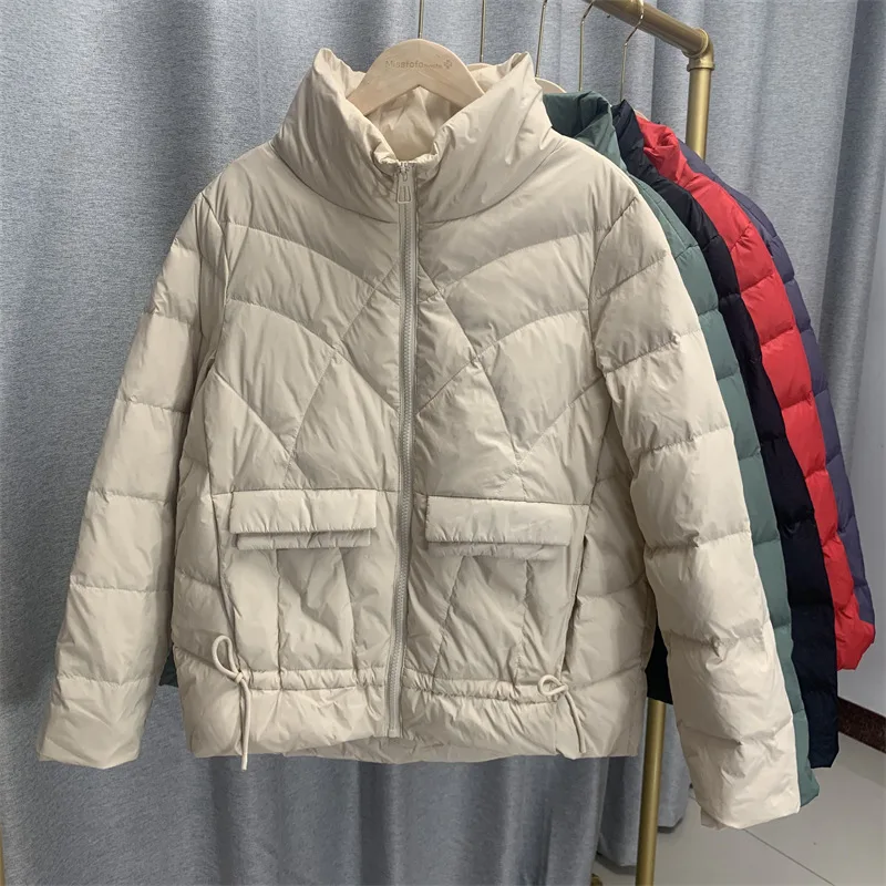 

Women Autumn Winter Short Stand Collar Pocket Lingge White Duck Down Coat Parka Ladies Loose Thin Solid Color Padded Jacket