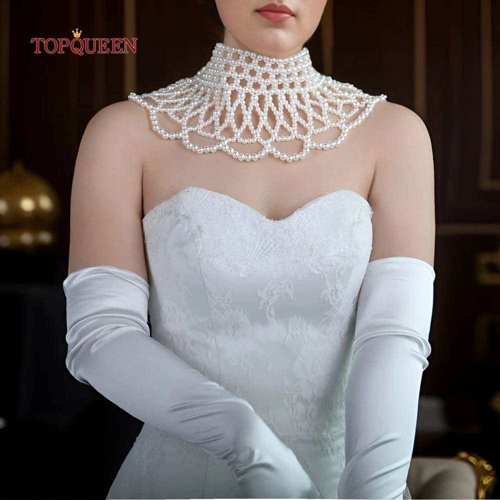 

TOPQUEEN Luxury Bridal Pearl Shawl Wedding Pearl Necklace Accessories Extended Bridal Bolero Glitter Customizable VG94