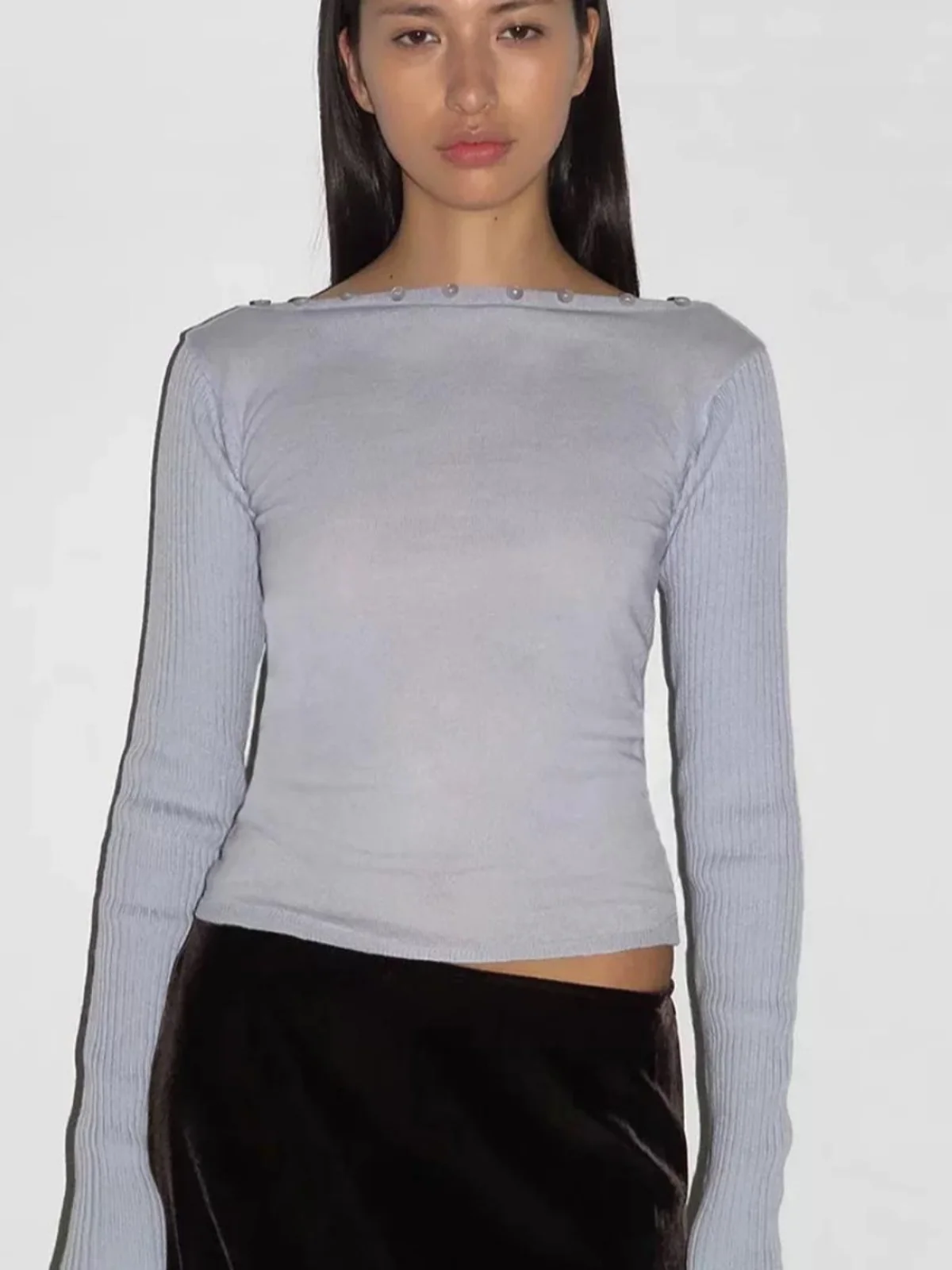 Paloma Wool Women's Knitted Long Sve One-oulder Wool Blend Top Autumn Season Faion Sle Pure Color Button Detail