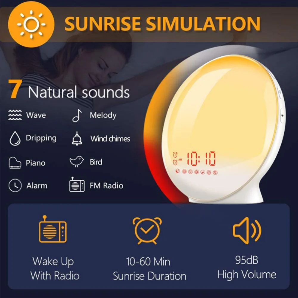 Simulation of Sunrise and Sunset Nature Wake Up Light LED Electronic Alarm Clock Light Bedside Lamp Sleep Timer Light Home Decor 5