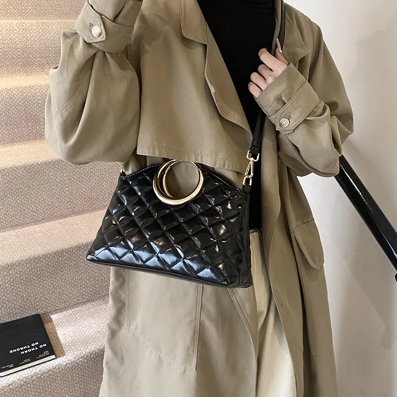 Versatile PU Leather Tote Bags Simple Women's Rhomboid Lattice Shoulder Bags Fashion Black Large Capacity Handheld Handbags