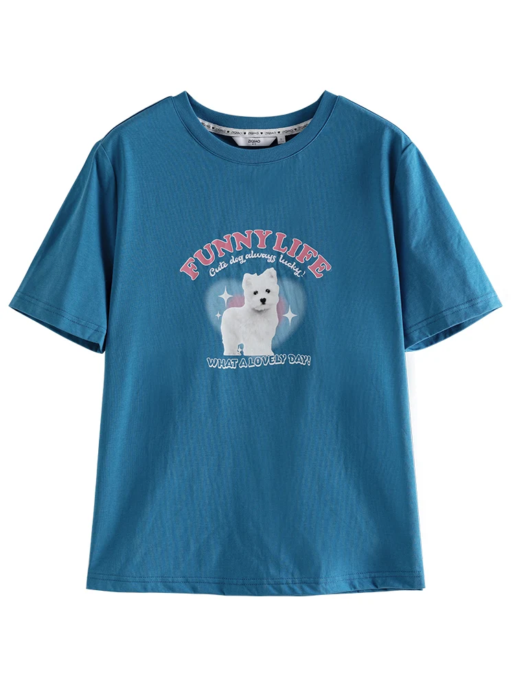 Loose Retro T-Shirt Women's Summer American Crewneck round o-neck Short Tops Womens Petite Size T-shirts FUNNY LIFE white Scotty Dog Tees for woman in teal blue