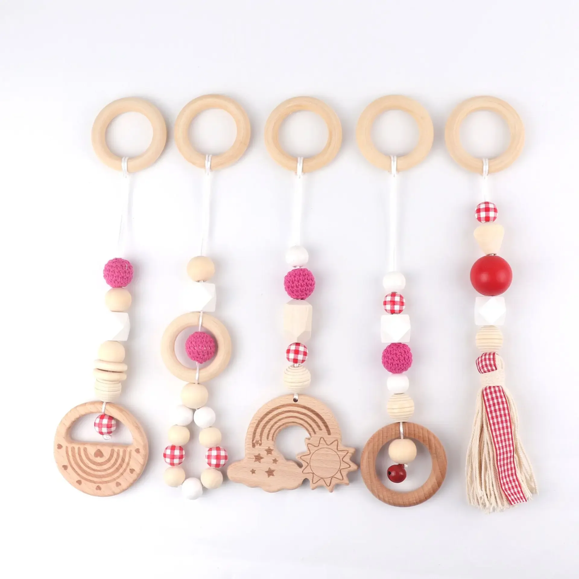 5pcs Baby Play Gym Frame Wooden Beech Activity Gym Frame Stroller Hanging Pendants Toys Teether Ring Nursing Rattle Room Decor