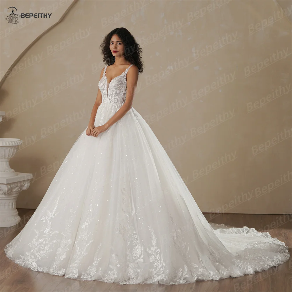 BEPEITHY Customized V Neck Bride Shinny Wedding Dresses 2025 Spring Sleeveless Ivory Sexy Low Back Bridal Lace Gown Vestidos 4
