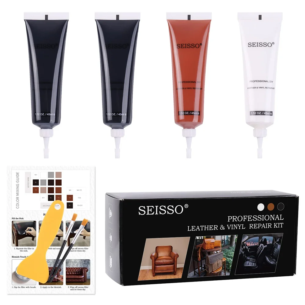 SEISSO Black Brown Leather Vinyl Repair Kit for Car Seat Couches Jacket Leather Repair Paint Restore Scratch Crack Scuff Burn