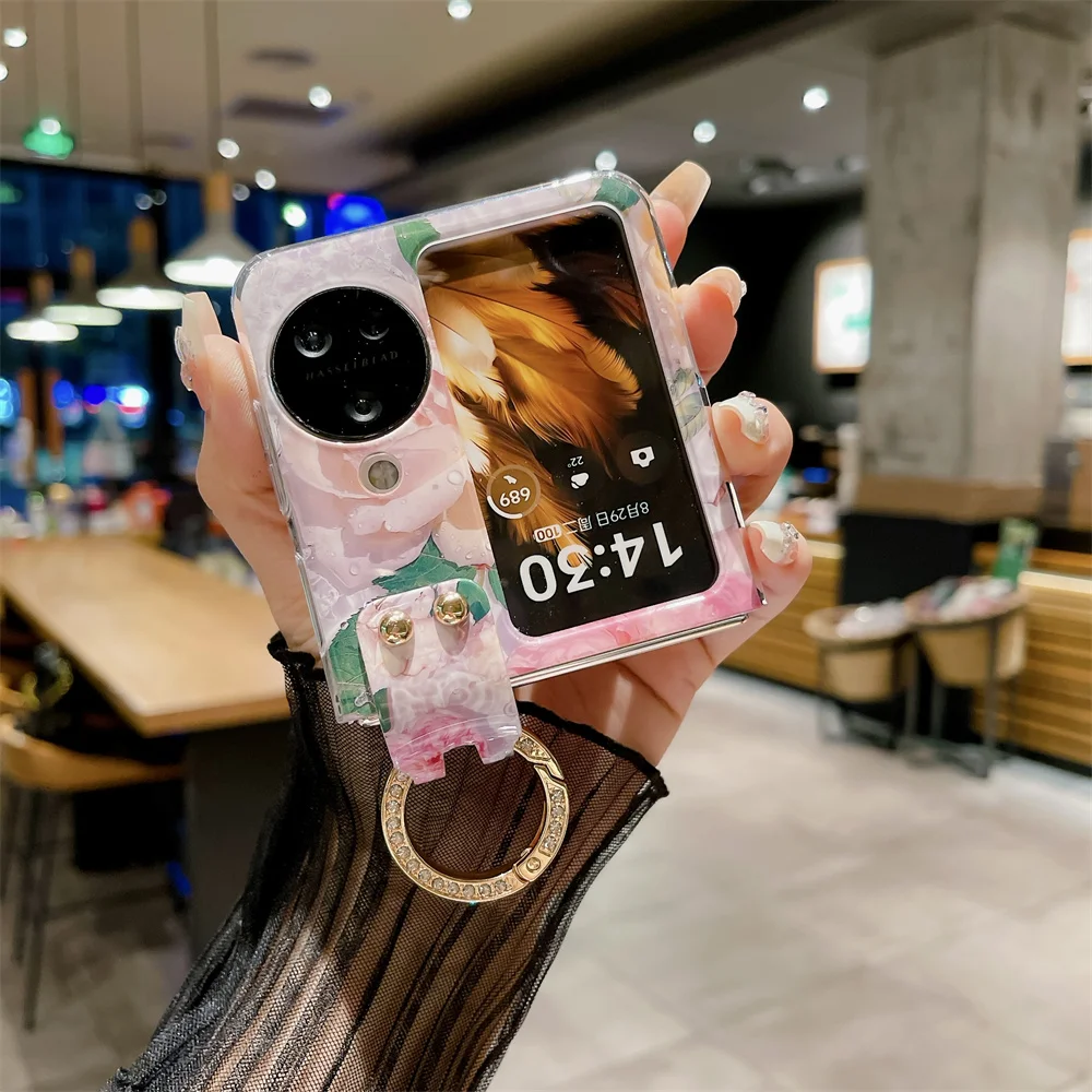Ring Blue-ray Flower Phone Case For OPPO Find N2 N3 Flip PC Protective Shell Cover