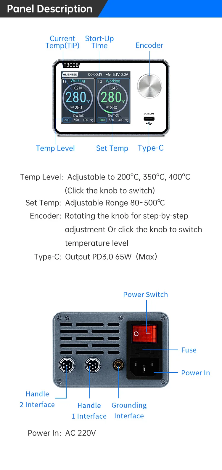 ALIENTEK T300 Soldering Station Transformer 160W Control Temperature 80~500° Dua