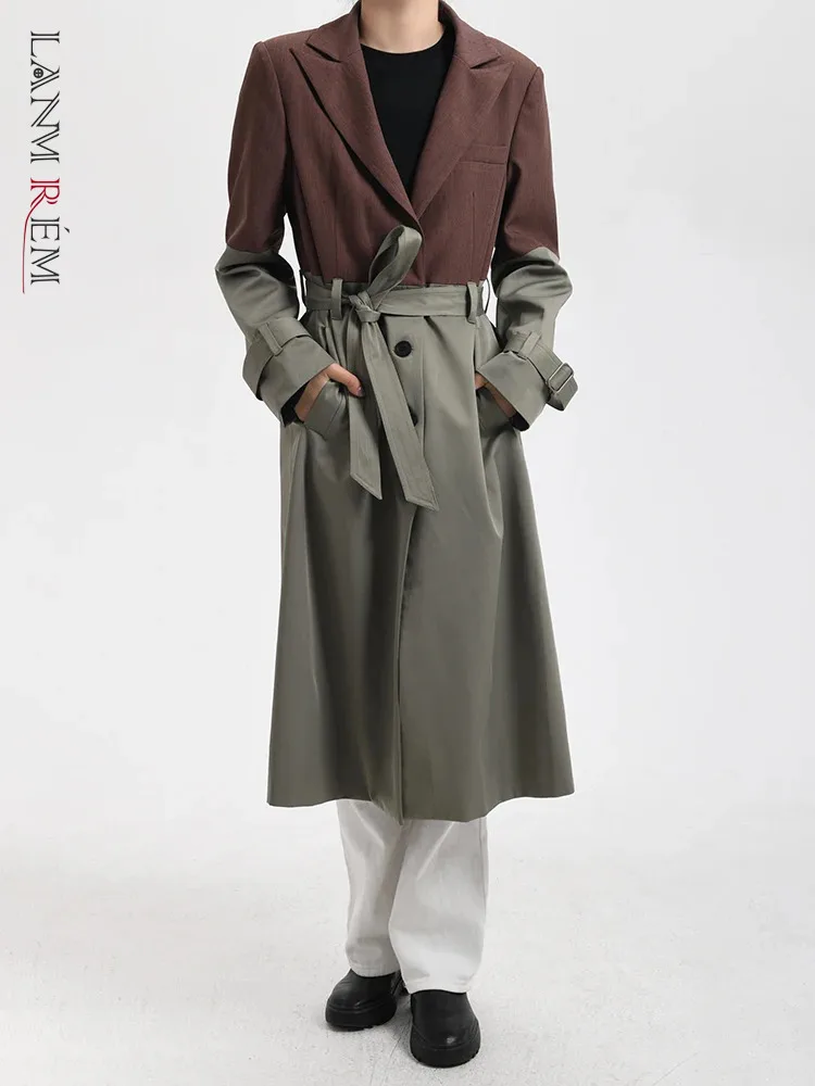

LANMREM High Street Long Trench Coat For Women Notched Long Sleeves Patchwork Contrast Color Windbreaker 2024 Spring New 26D8105