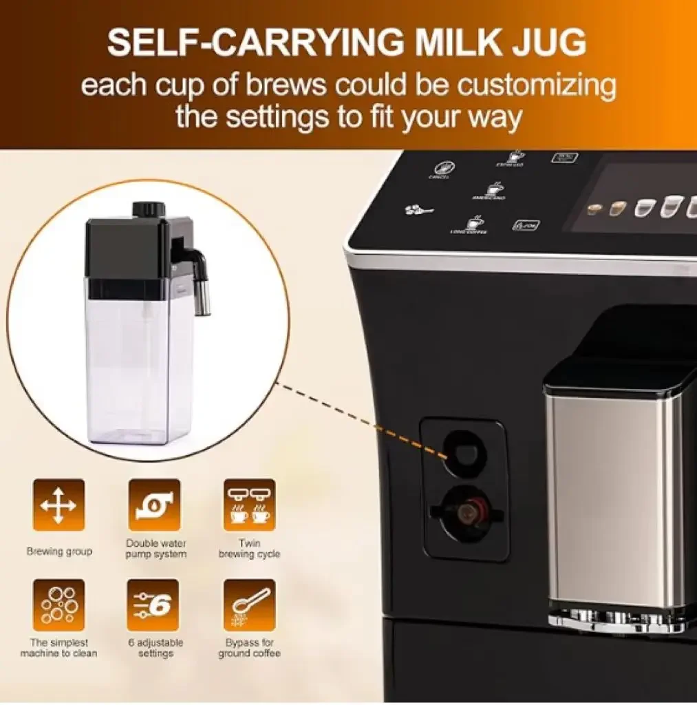 Fully Automatic Espresso Machine With Grinder Easy To Use Touch Screen Coffee Maker with Milk Frother and 16 Coffee Recipes 5