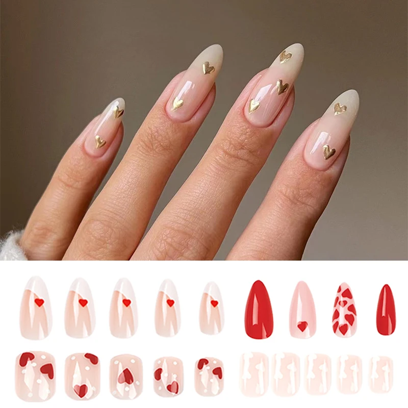 

24 шт., накладные ногти для французского маникюра, с красным сердцем