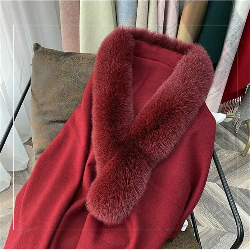 Neue Winter Mode Frauen Wolle Ponchos Mantel mit Echt Fox Pelz Trim Weibliche Mäntel Warme Schal Schal Wraps – Detail 29