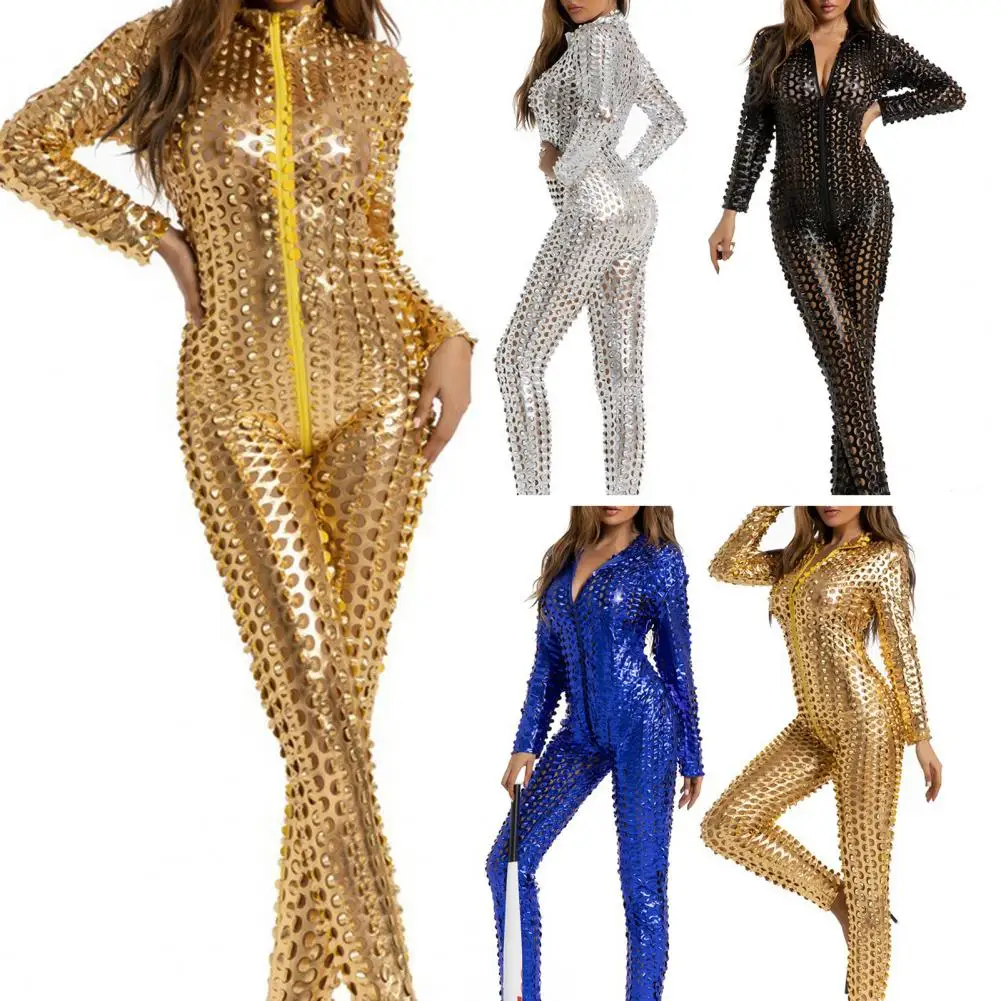 Sexy Women Jumpsuit Leather Skinny Hollow Out Hole Slim Elastic Zipper Club Party DJ Pole Jazz Dance Performance Jumpsuit