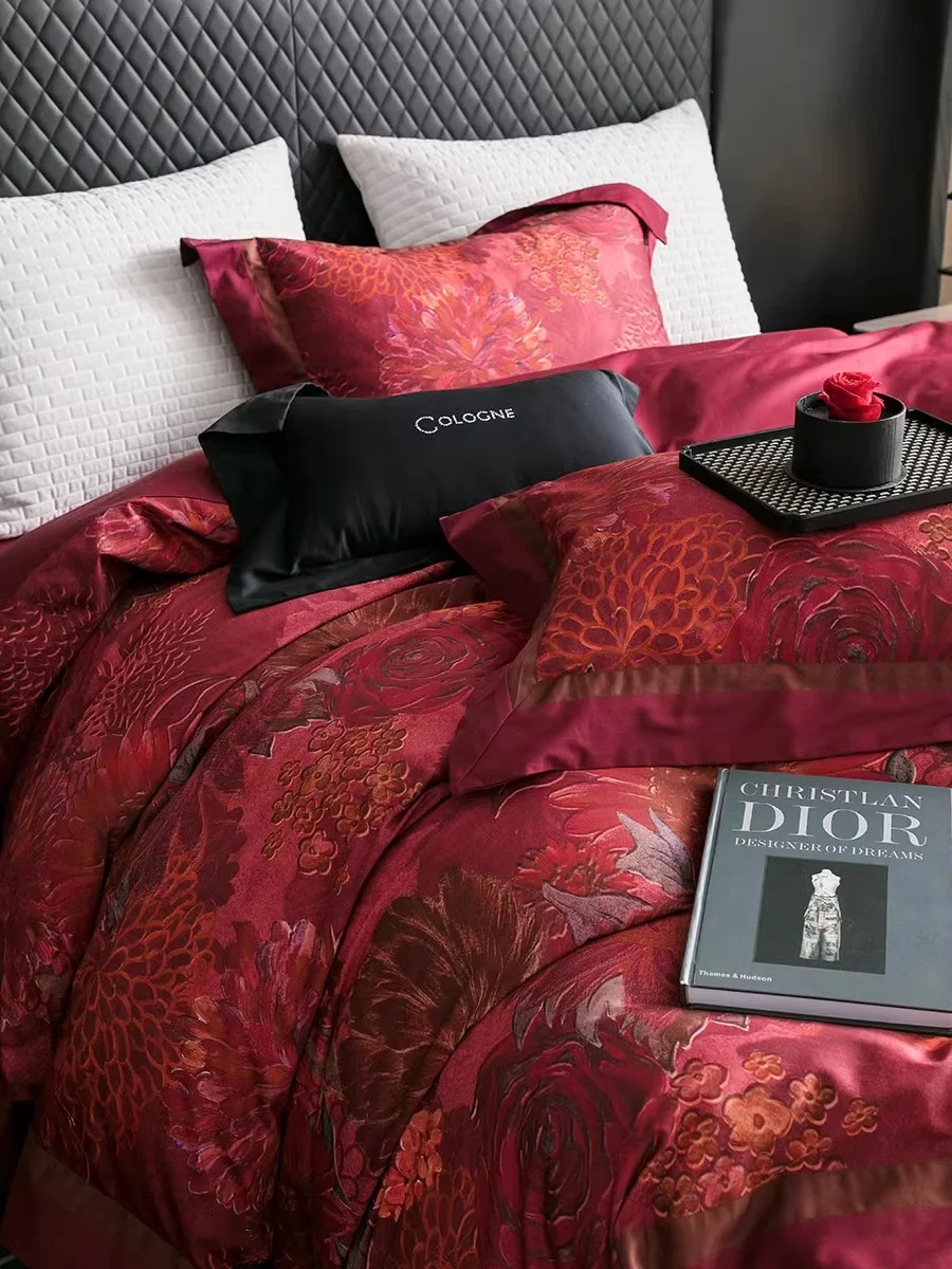 

European style premium long staple cotton duvet cover, pure cotton bed sheets, four piece set, red all cotton wedding bedding