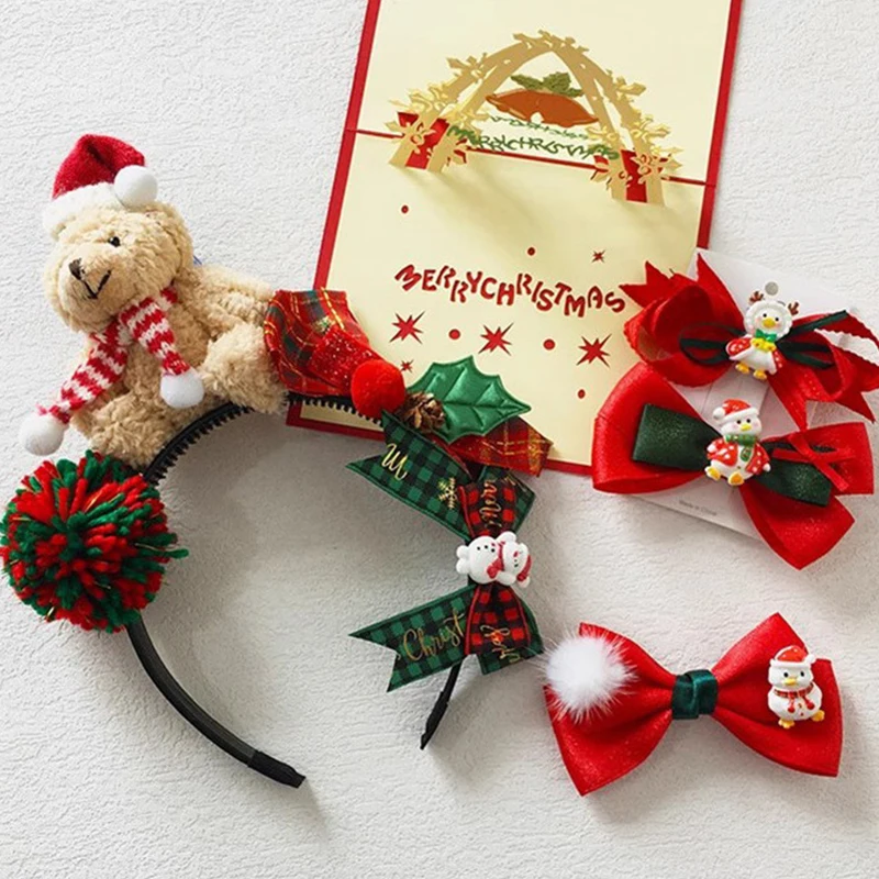 

Children Cute Bear Christmas Headband Girls Hair Clips Red Bow Hairpins Cartoon Snowman Fur Ball Christmas Hat Hair Accessories