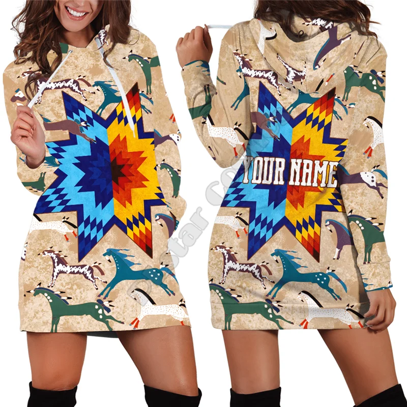 3D printed Native Horse Ledger Art War Woman And Horse Customized Hoodie Dress Harajuku Streetwear Pullover Unique Woman