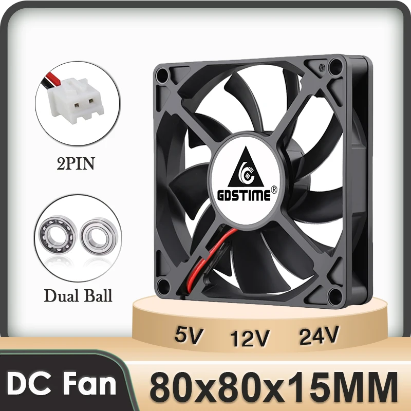 Gdstime-ventilador Axial Pinos 8cm dc 12v 24v 80×15 mm Rolamento de Esferas Duplo Caixa de pc 80x80x15 mm 8015 Pino 2