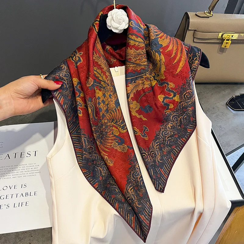 

Chinese Style Phoenix Figure Neck Protection Spring Autumn Double Sided Print Fragrance Imitation Silk Square Scarf For Women