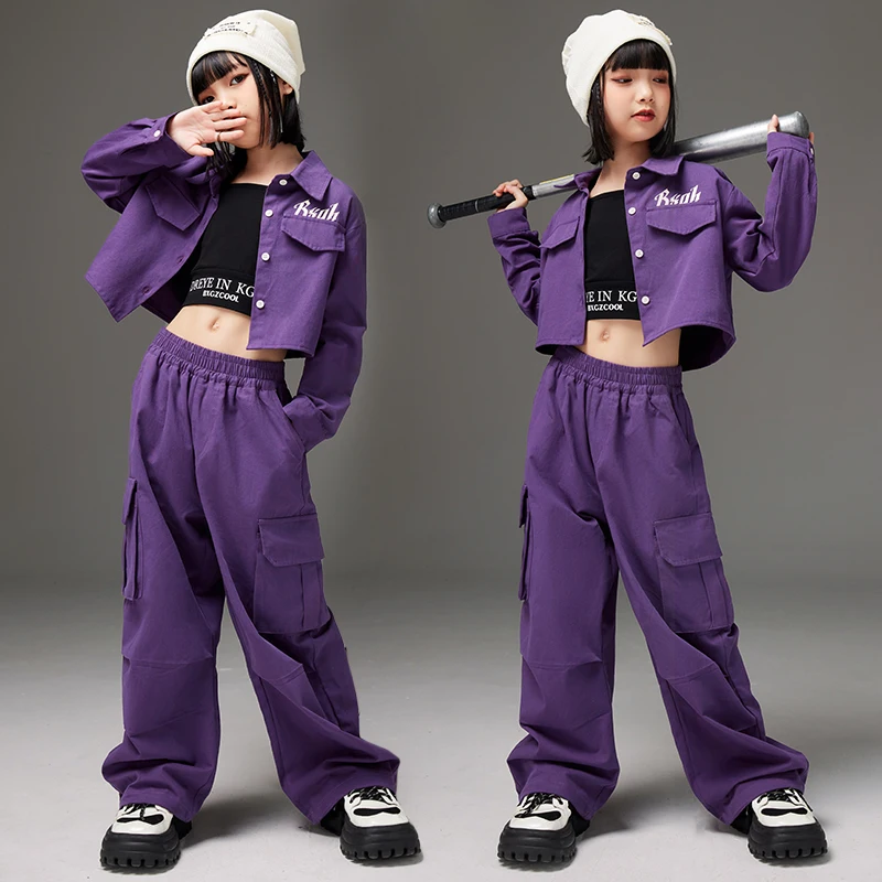 

Girls Hip Hop Crop Tops Purple Short Jacket Cargo Pants Kid Jazz Outfits Street Dance Clothes Set Child Streetwear Teen Costumes