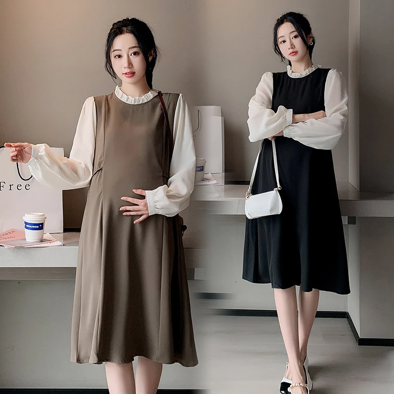 

766# 2023 Spring Patchwork Long Sleeve Maternity Dress Elegant A Line Loose Clothes for Pregnant Women Pregnancy Ties Waist Slim