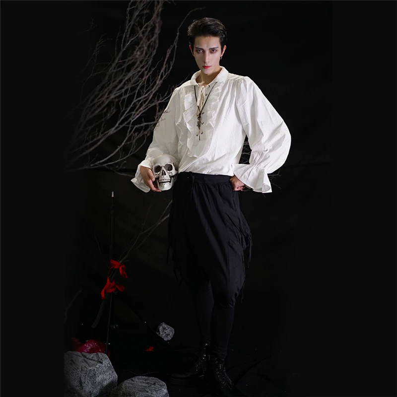 Men Retor Ruffles Party Palace Shirt Men Bandage Long Sleeve Medieval Shirt Gothic Chic Yamamoto Male Blouses Camisas Hombre