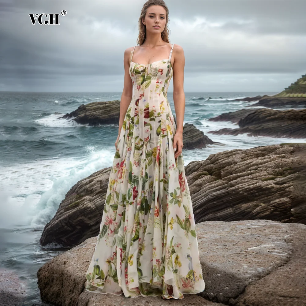 

Женское платье без рукавов VGH, элегантное платье с цветочным принтом и открытой спиной, с квадратным вырезом и высокой талией
