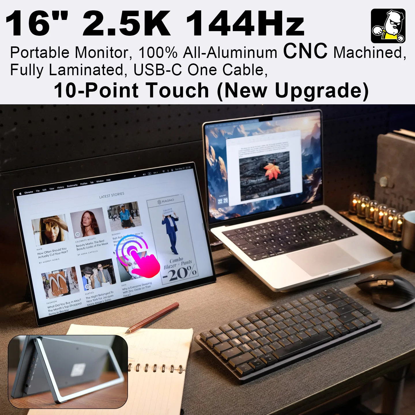 16인치 2.5K 터치스크린 풀 알루미늄 CNC 풀 라미네이션 144Hz 고화질 고휘도 원케이블 휴대용 모니터