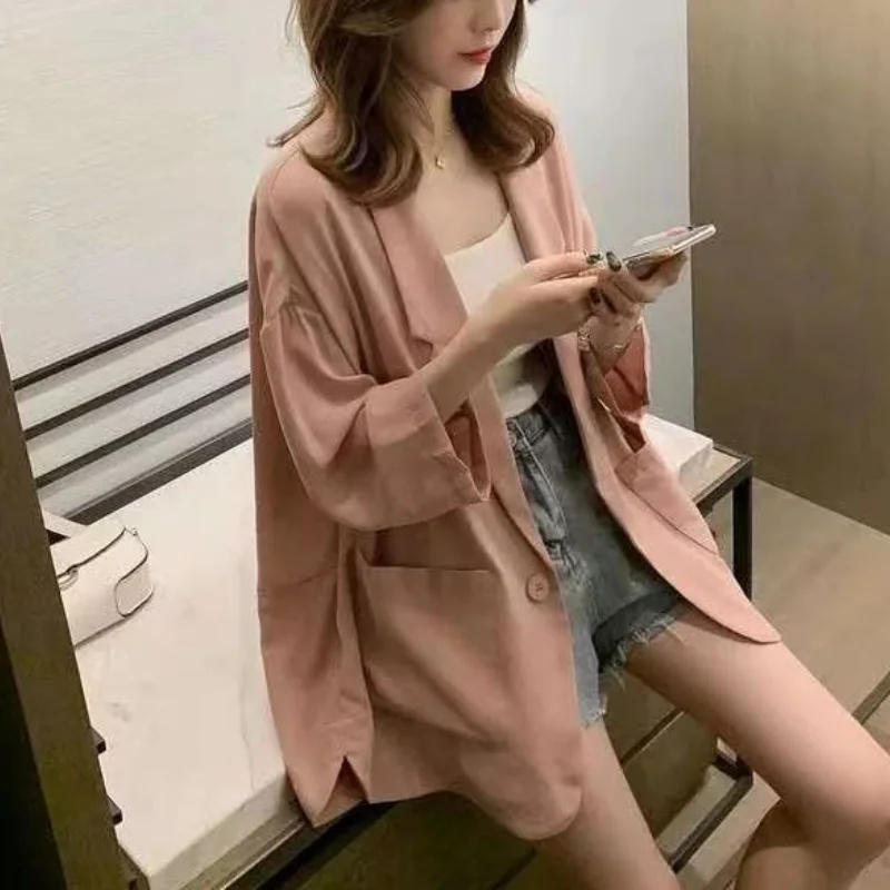 Women's Summer Korean New Small Suit Fashion Casual Tops Button Pocket Splicing Loose Breathable Versatile Middle Sleeve Coat