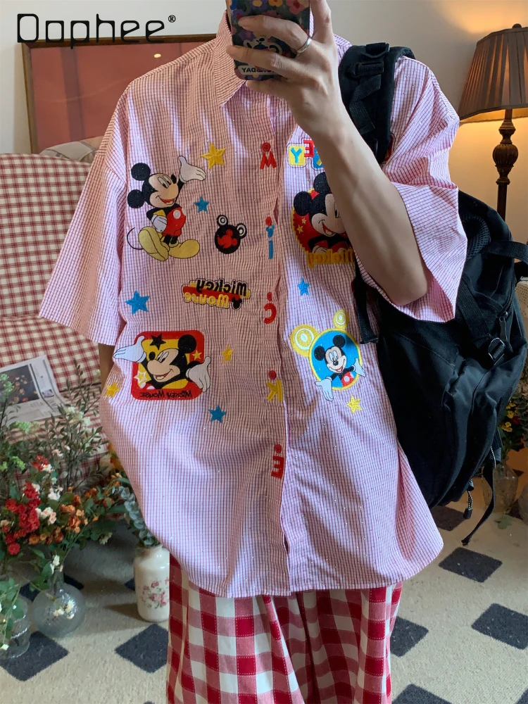 Shiny Crystal Rhinestone Short Sleeve Plaid Shirt Summer Couple Vintage Style Cartoon Cute Embroidered Half Sleeve Shirt Women