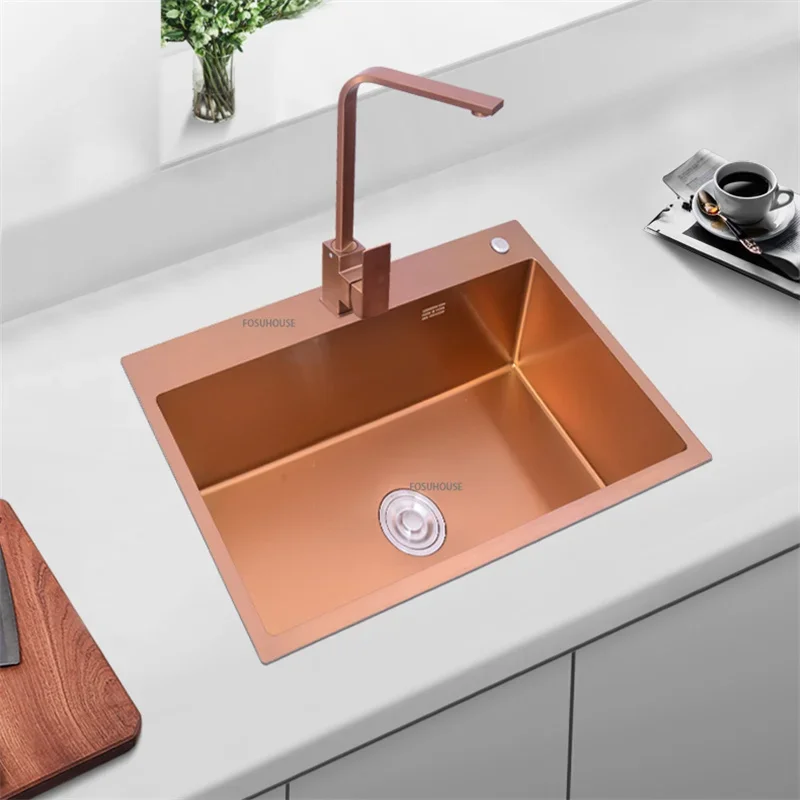 Rose Gold Stainless Steel Single Bowl Kitchen Sinks Accessory 304 Sink Bowl Kitchen Drain Basket Above Counter Sink Wash Basin 4