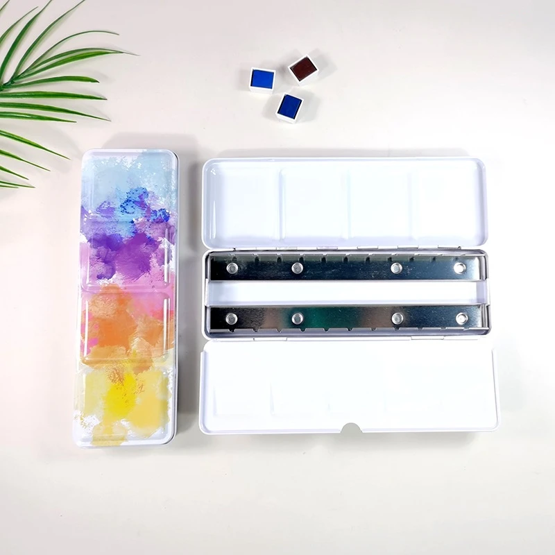 24-color Card Slot Tinplate with Card Holder Solid Watercolor Paint Box Various Portable Art Painting Flat Bottom Palette Box