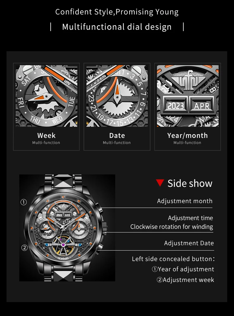 OUPINKE Multi-level Design Automatic Watches Mens Swiss Brand Sapphire Mirror Tungsten Calendar Waterproof Luminous Luxury