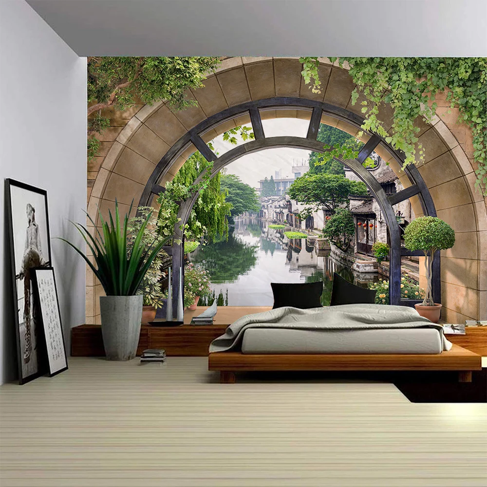 Bow Shaped Door Garden Landscape Tapestry Wall Art Large Mural Decoration Curtains Home Bedroom Living Room Decoration tapestry decor