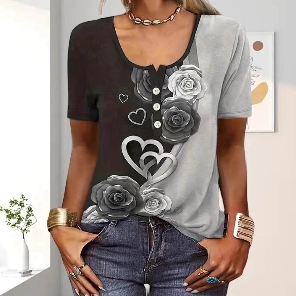 

Women Graphic Tee Printed T-shirt Ethnic Style Floral Print Women's Summer T-shirt Collection O-neck Short Sleeve Tops Henley V