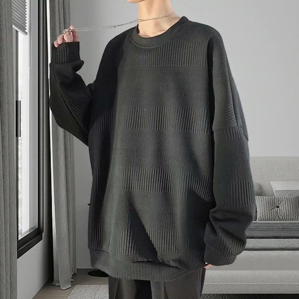 

Men Spring Autumn O-neck Long Sleeve Sweatshirt Solid Color Jacquard Design Loose Fit Mid-length Casual Pullover Tops